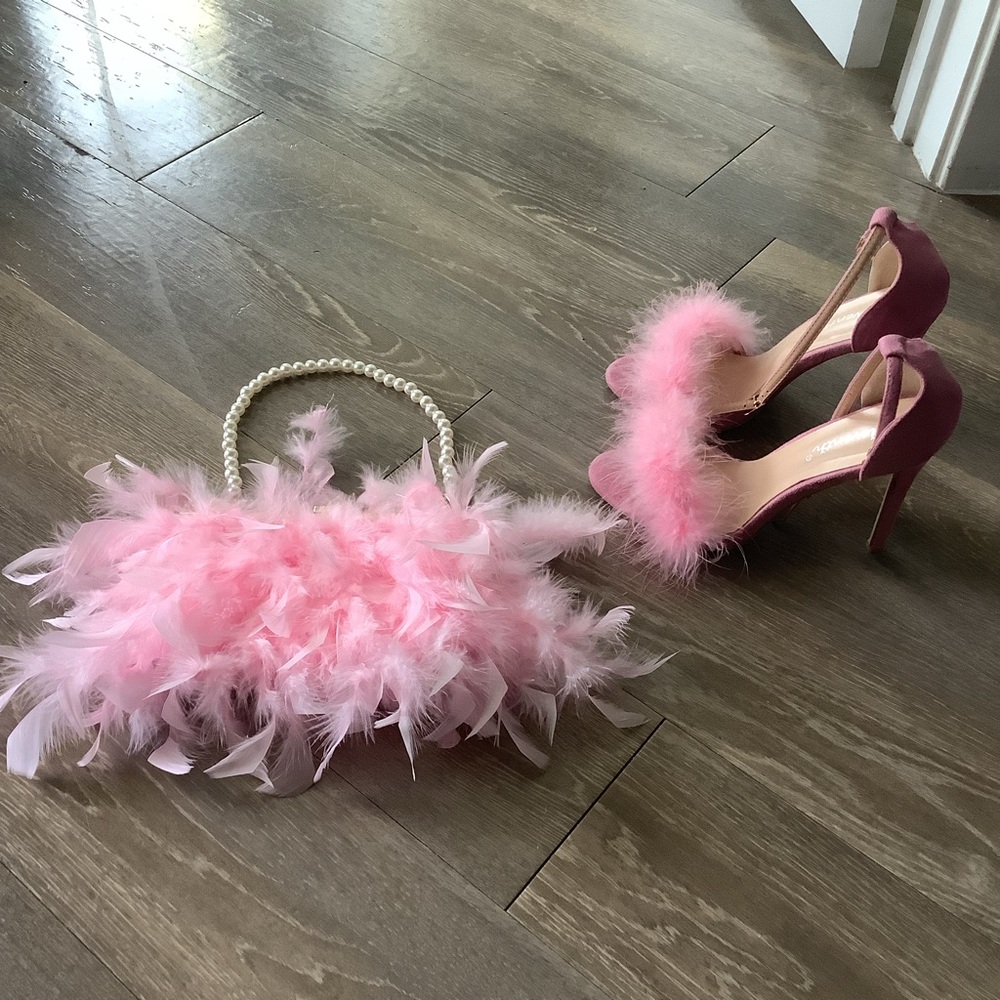 Feather-Trim Stiletto Heels for Women and matching feather bag Pink